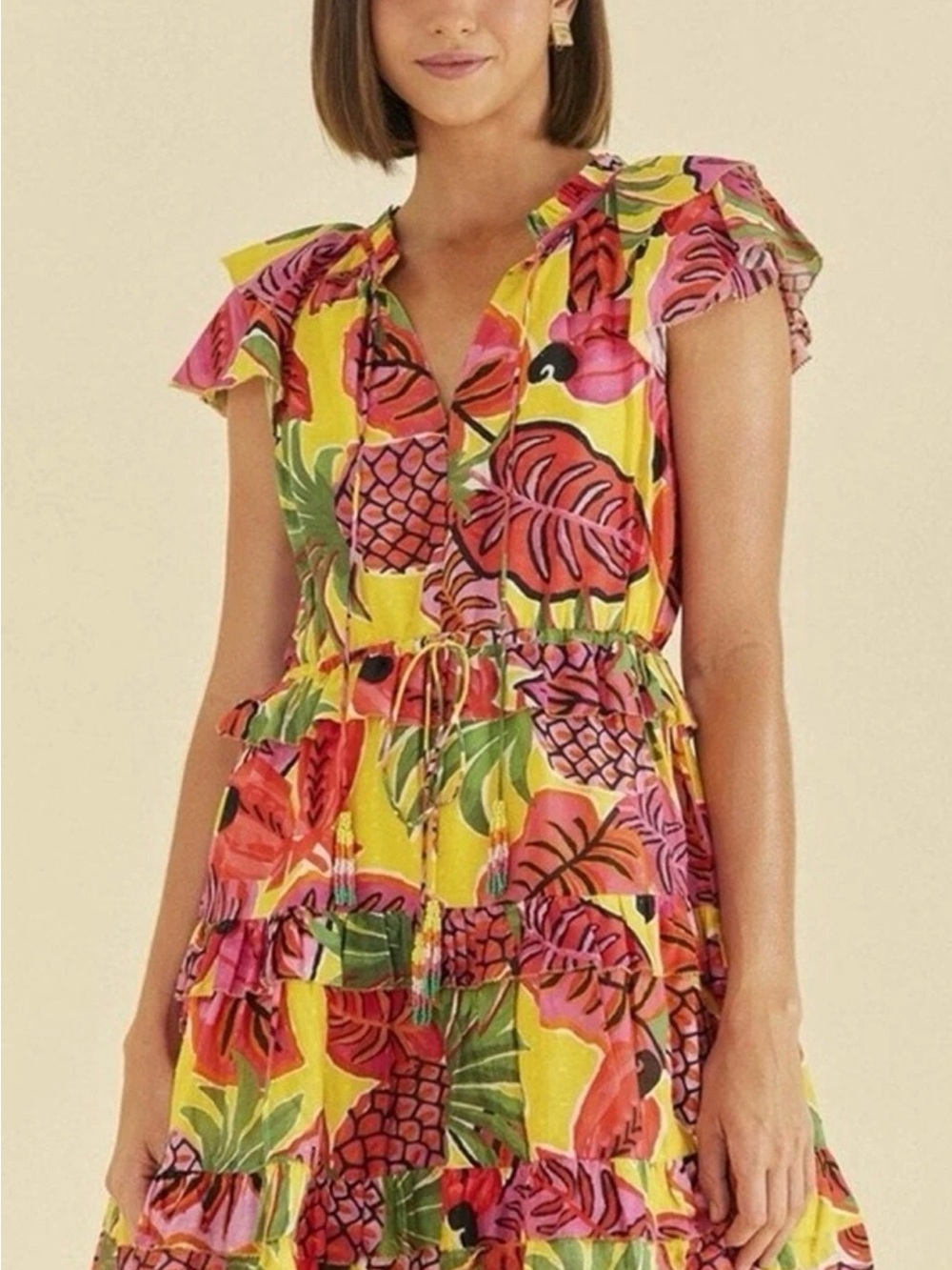Farm Rio Fruit Dream Ruffle Mini Dress Pineapple Tropical Island Resort Size XL
